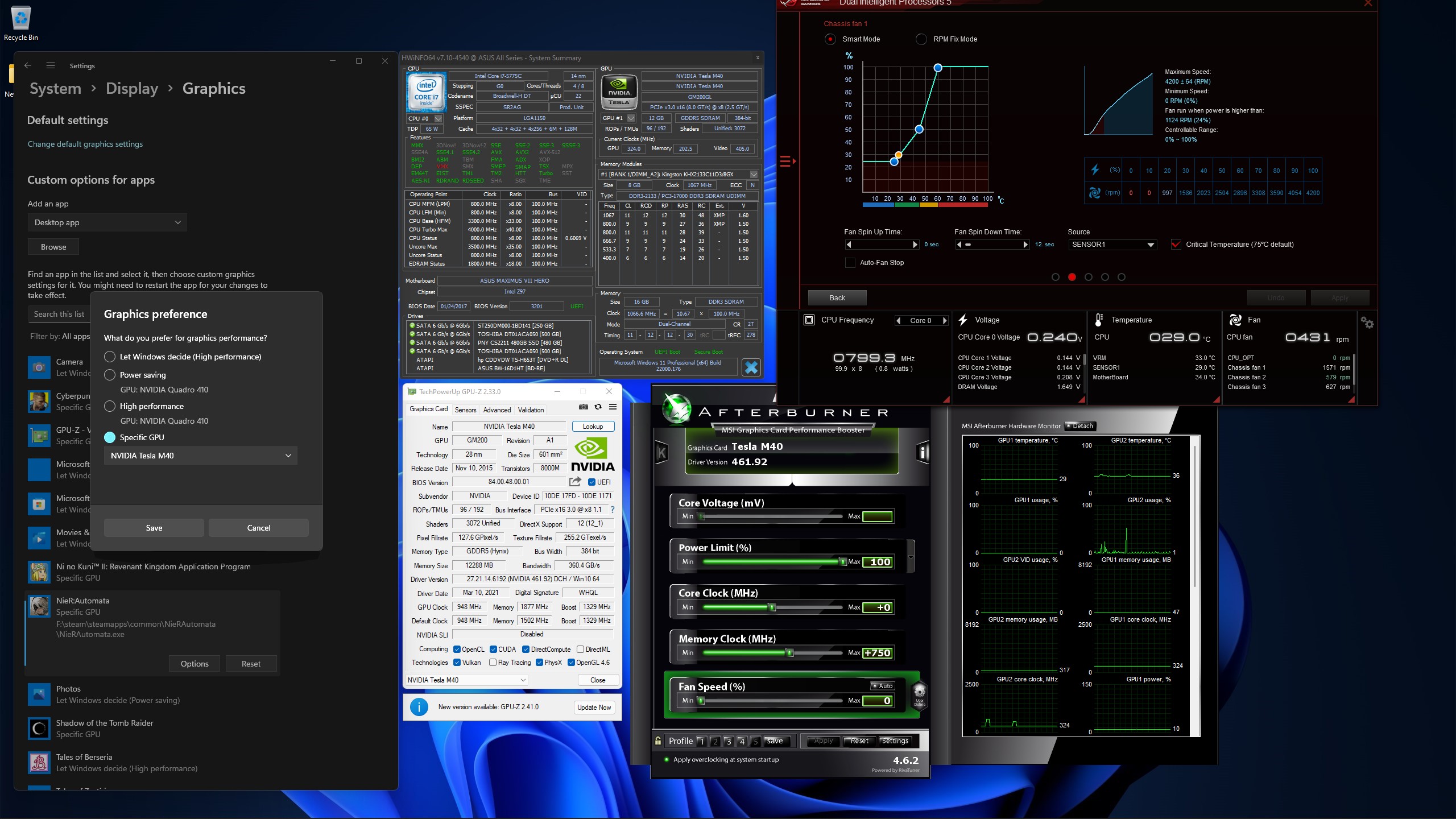 System specifications highlighting the dual GPU setup and Windows 11 environment