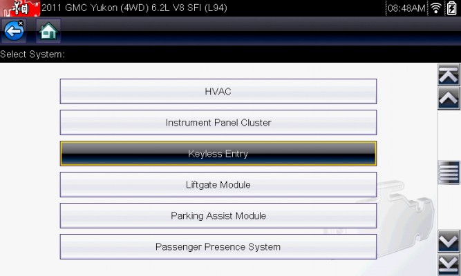 Snap-on MODIS scan tool interface for vehicle selection