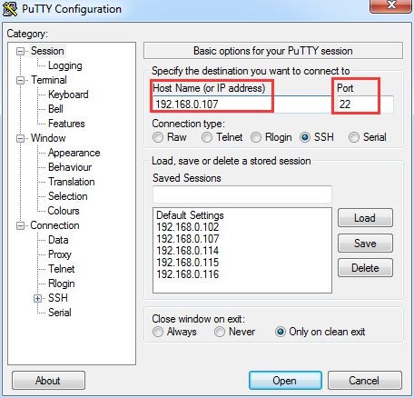 PuTTY configuration with IP address