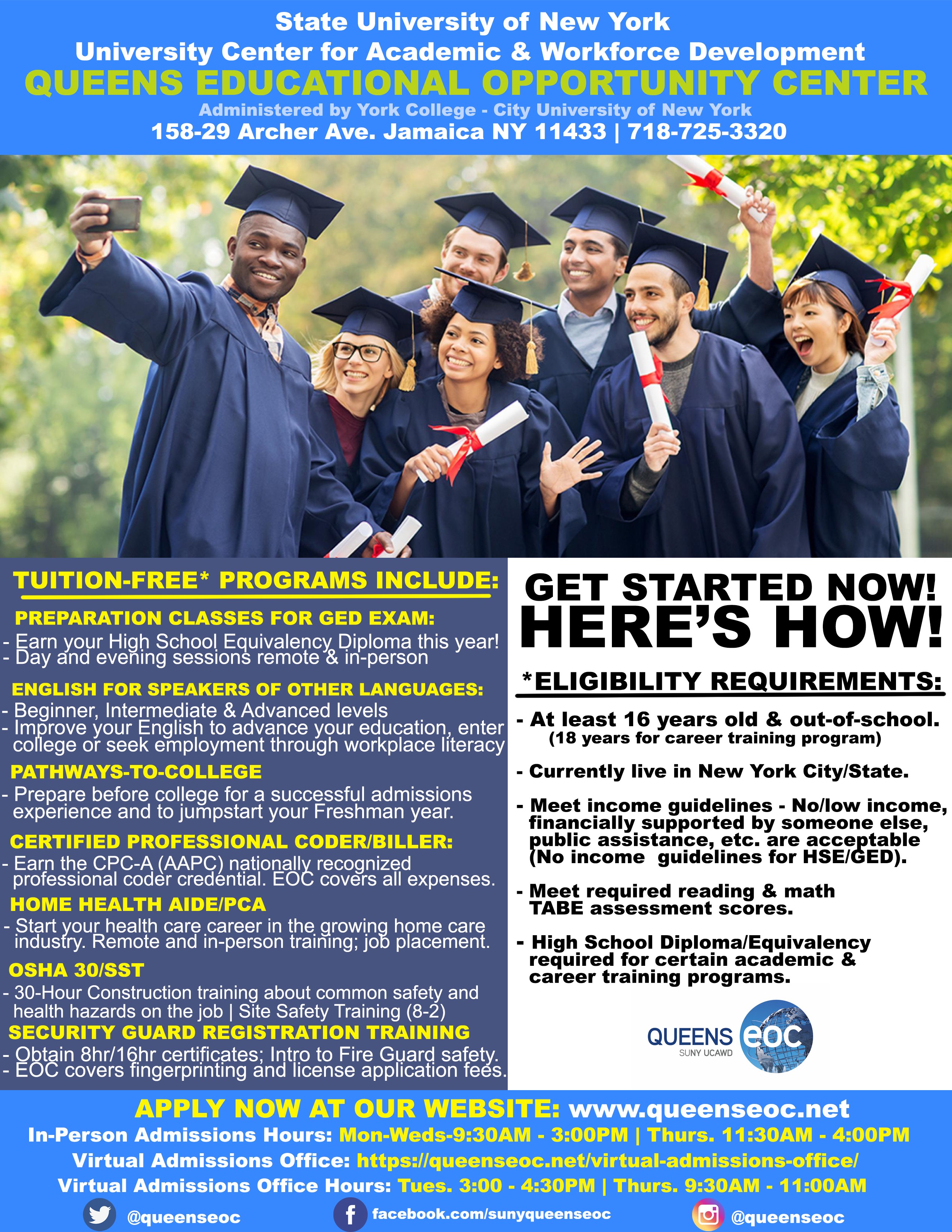 Flyer showcasing Queens EOC program offerings and contact information