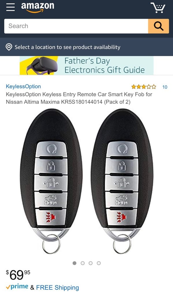 New Infiniti key fobs purchased online from KeylessRemotes for cost-effective replacement.