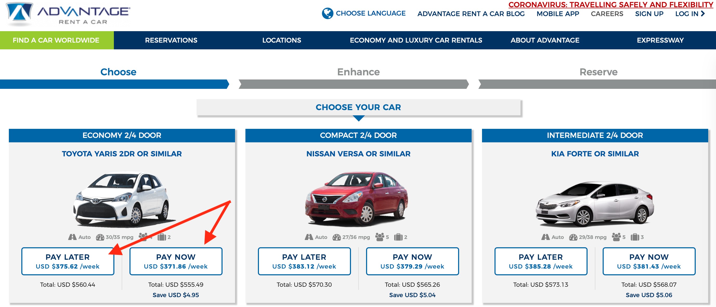 Advantage Car Rental Pay Now Pay Later prices