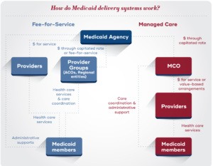 Graphic illustrating the payment models of fee-for-service versus managed care within healthcare systems