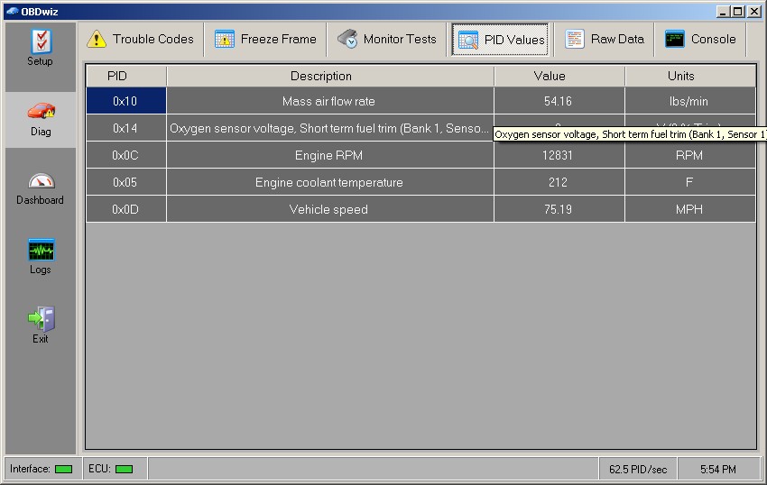 OBDWiz PID Values Table