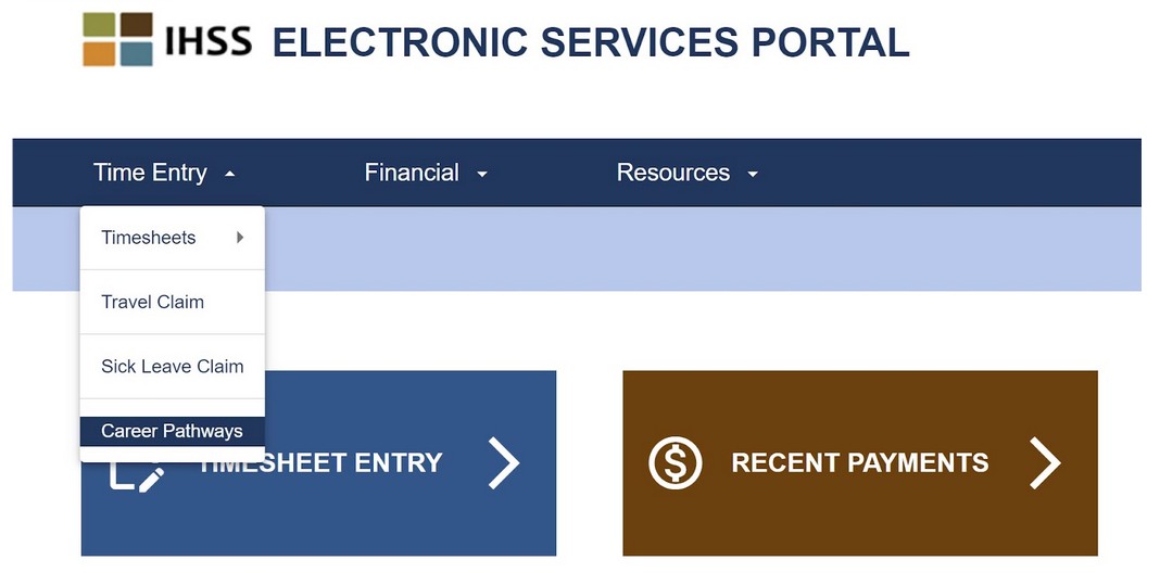 Accessing the IHSS Career Pathways time entry portal within the electronic timesheet system