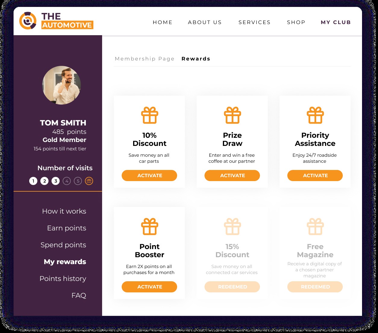 Example of a membership page of an automotive loyalty program