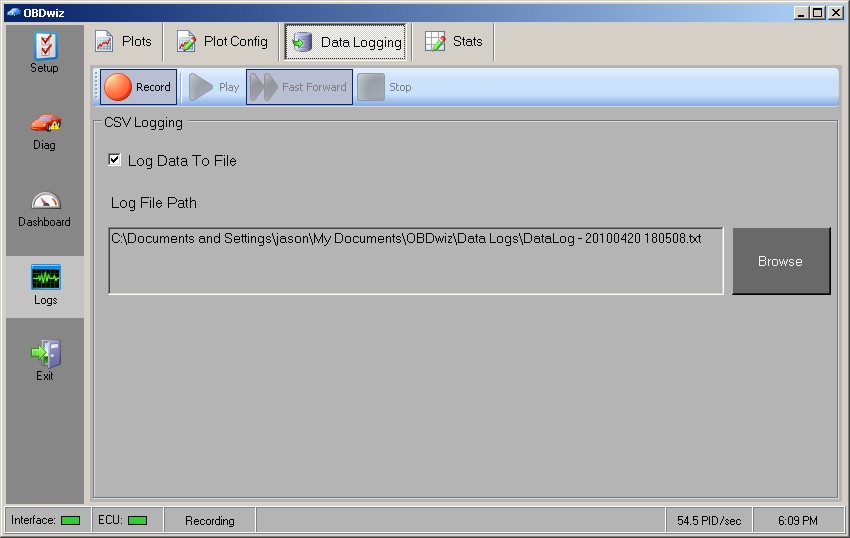 OBDWiz Data Logging to CSV