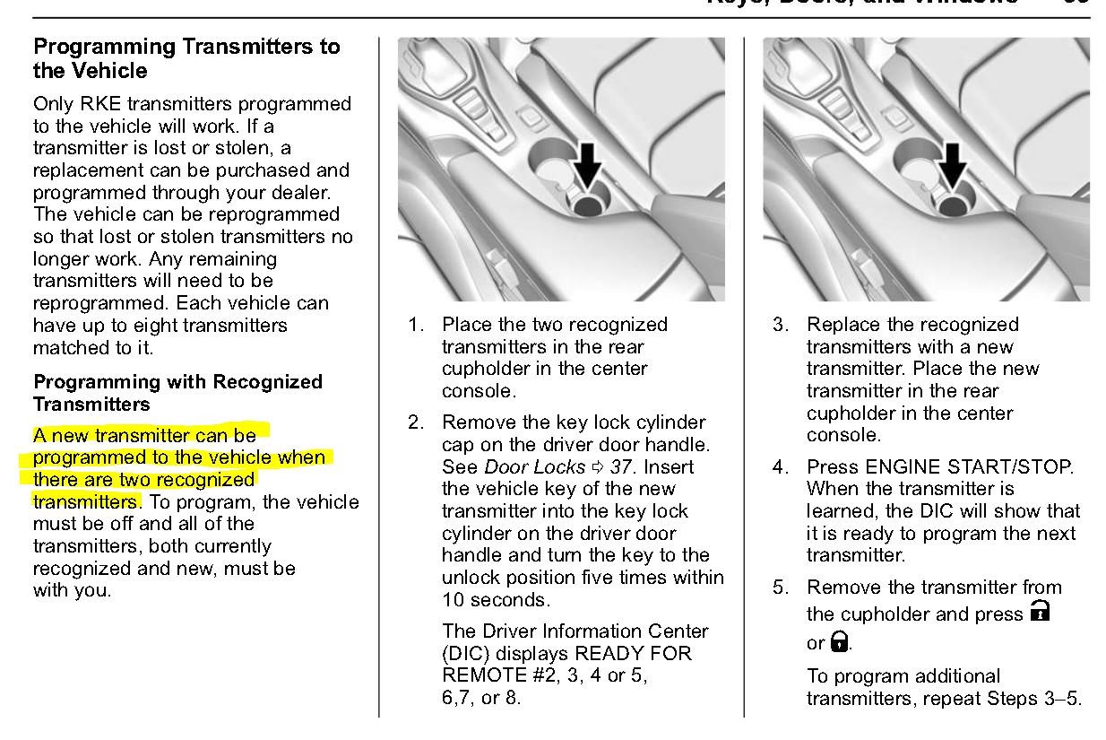 Excerpt from 2018 Camaro owner's manual indicating remote programming requirements.