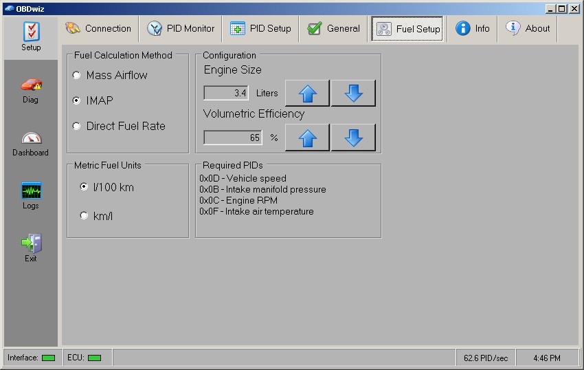 OBDWiz Fuel Setup Tab