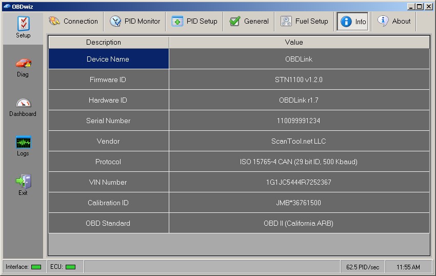 OBDWiz Vehicle Info Tab