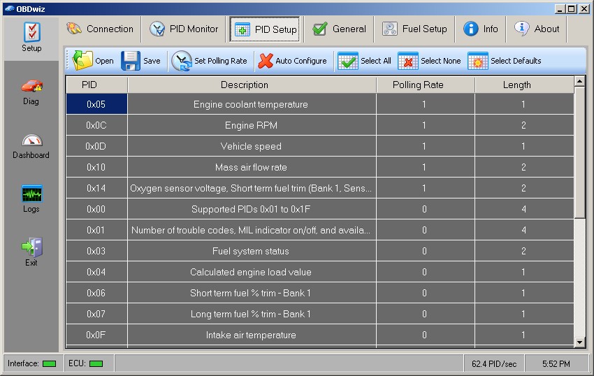 OBDWiz PID Setup Tab