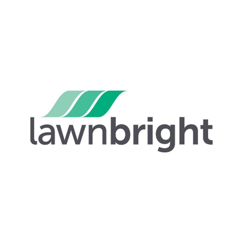 Lawnbright logo featuring a stylized green leaf and modern font.