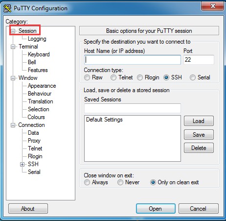 PuTTY Session settings